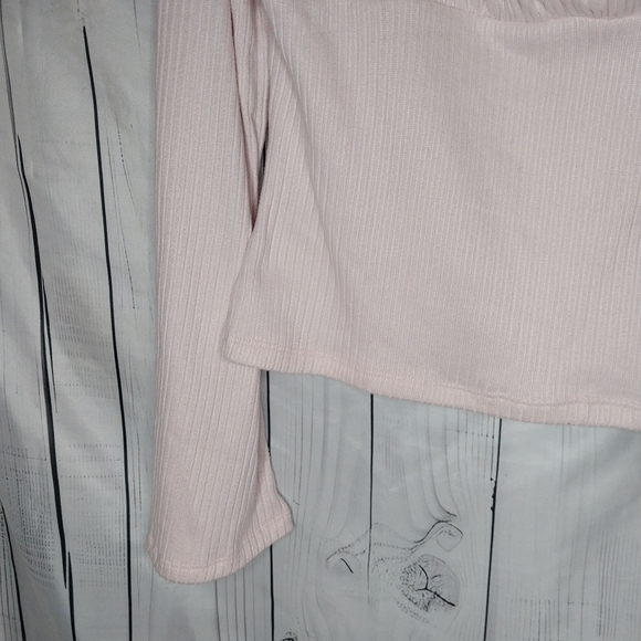 Derek Heart Light Pink Ribbed Ruched Bust Square Neck Bell Sleeve Top - Picture 3 of 9